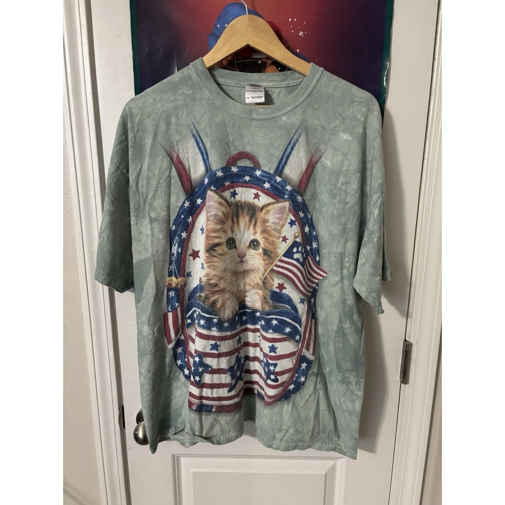 Vintage patriotic cat In A Hat green T-shirt 2XL